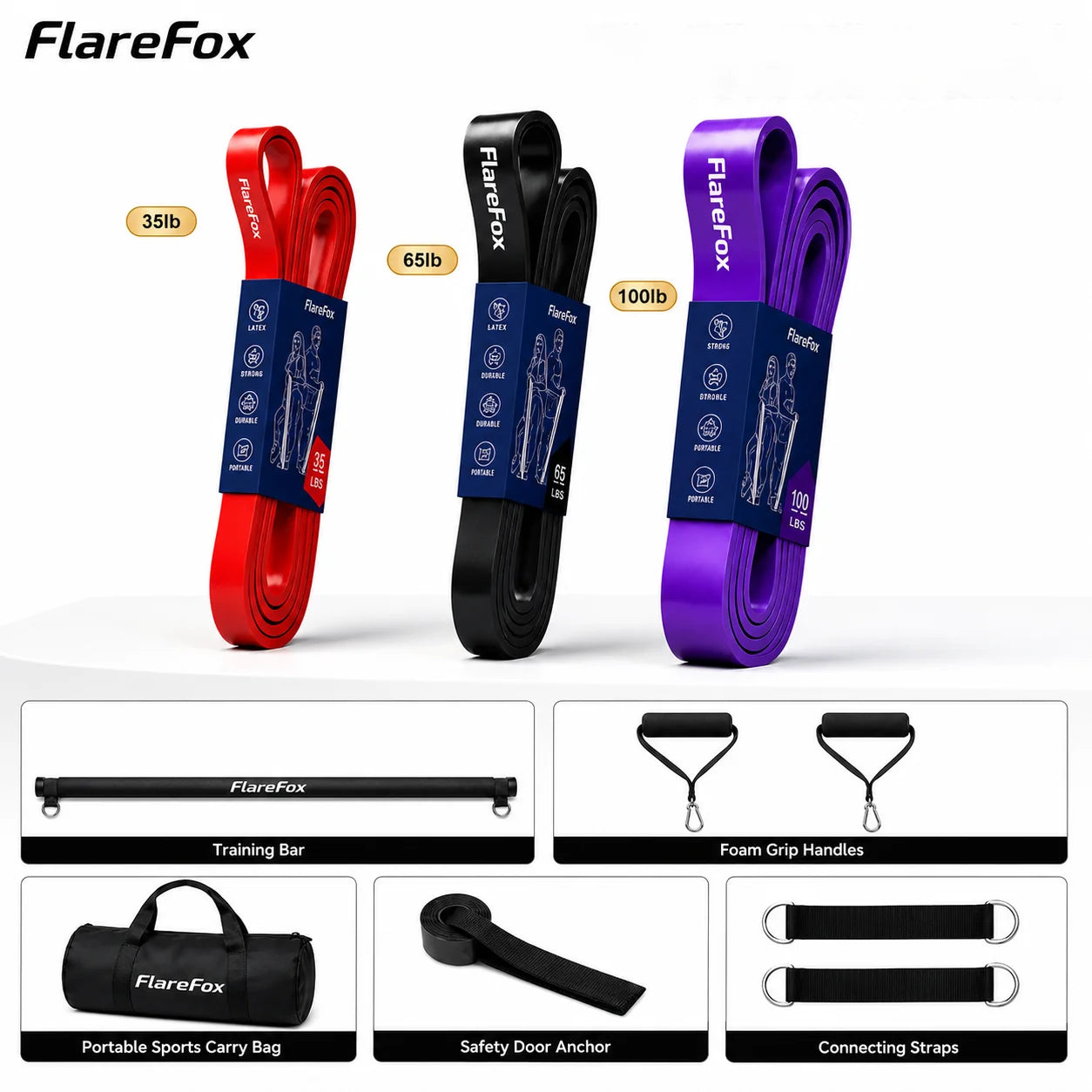 FlareFox Adjustable Multi Resistance Bands Push-pull Rod Pull-Up Assist Strap Strength Training Home Gym Equipment Workout Kit