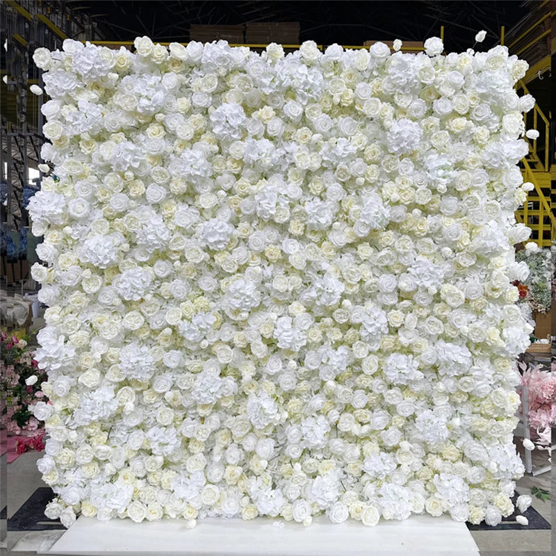 Luxur white Rose Roll Up Cloth 5D Flower Wall Arrangement Wedding Backdrop Decor Hanging Curtain Green Plants Wall Party Props