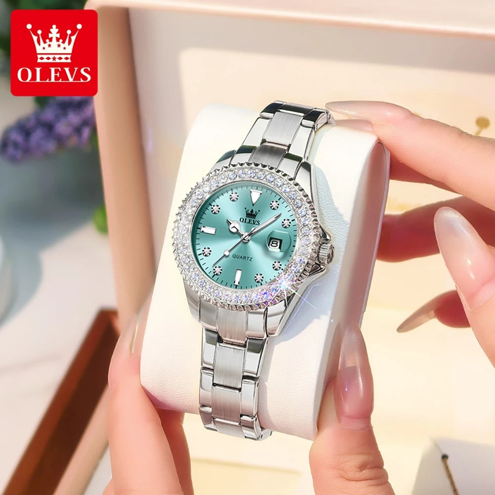 OLEVS Elegant Original Quartz Women's Watch Luxury Diamond Dial Fashion Steel Band Leather Band Waterproof Glow Watch 9945