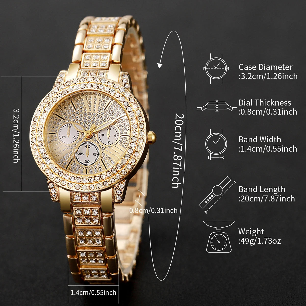 6PCS Luxury Rhinestone Women Watches Jewelry Set Fashion Roma Dial Quartz Wristwatch Accessories Relogio Feminino Clock Gift