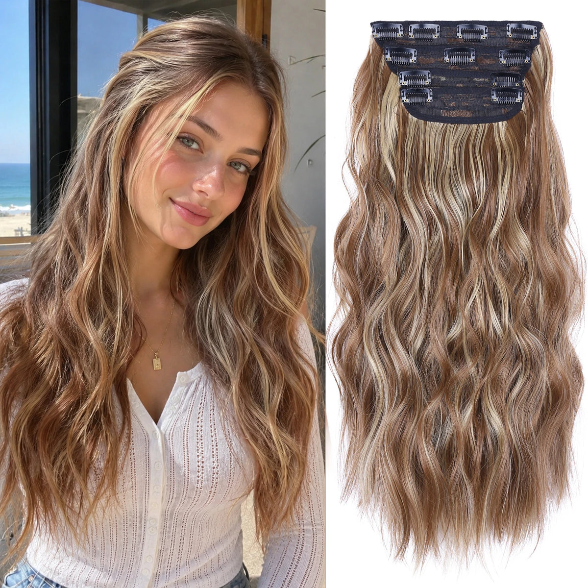 4Pcs/Set 20Inch Synthetic Hair Clip In Long Wavy Thick Hairpieces For Women Full Head Synthetic Hair Extensions Ombre Hairpieces