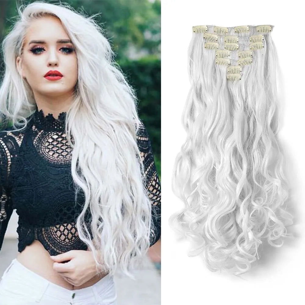 22 Inch Elegant Sexy White Hair 7Pcs/Set 16 Clips Long Curly Wave, Body Wave Synthetic Hair Extensions Clip-in Hair Extensions