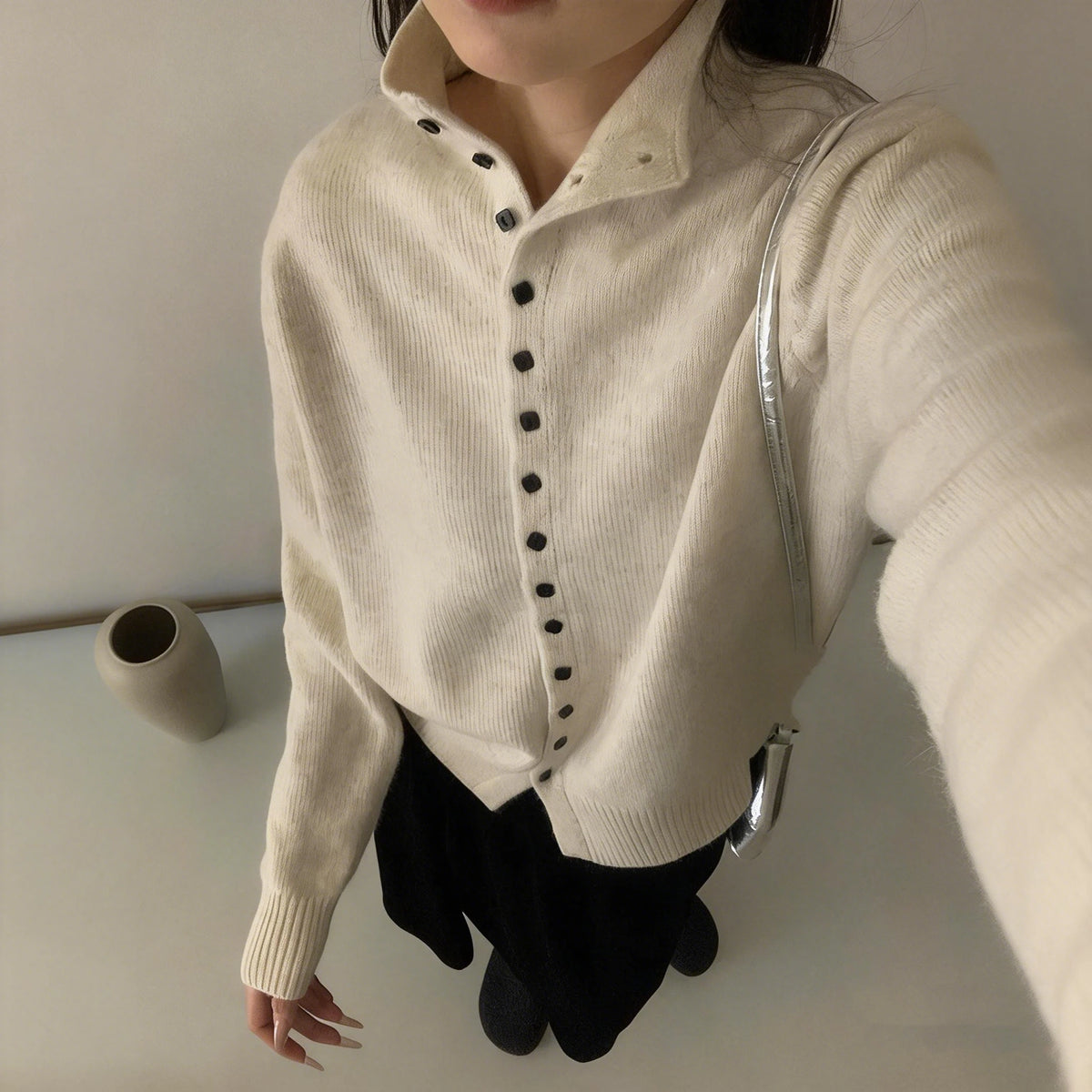 Women Stand Collar Button Down Knit Cardigan Sweater Korean Style Casual Knitwear Solid Color Soft Knitted Top for Autumn Winter
