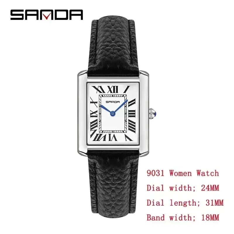 SANDA 9031/1108 Resistant Leather Strap Square Dial Waterproof Sport Casual Women Men Quartz Watches Reloj Luxury Couple Watch