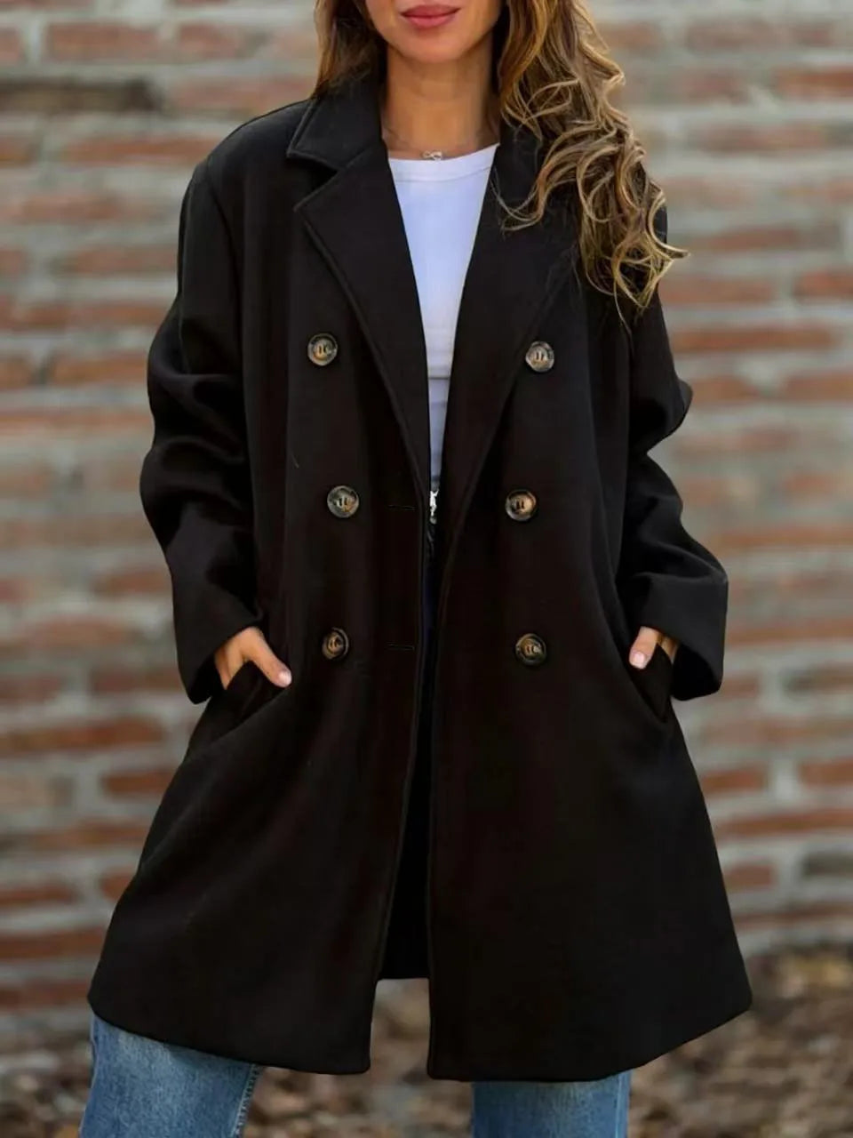 Autumn Winter Coats Casual Retro Simple Solid Color Street Style Long Sleeved Pockets Lapel Open Collar Double Breasted Coats