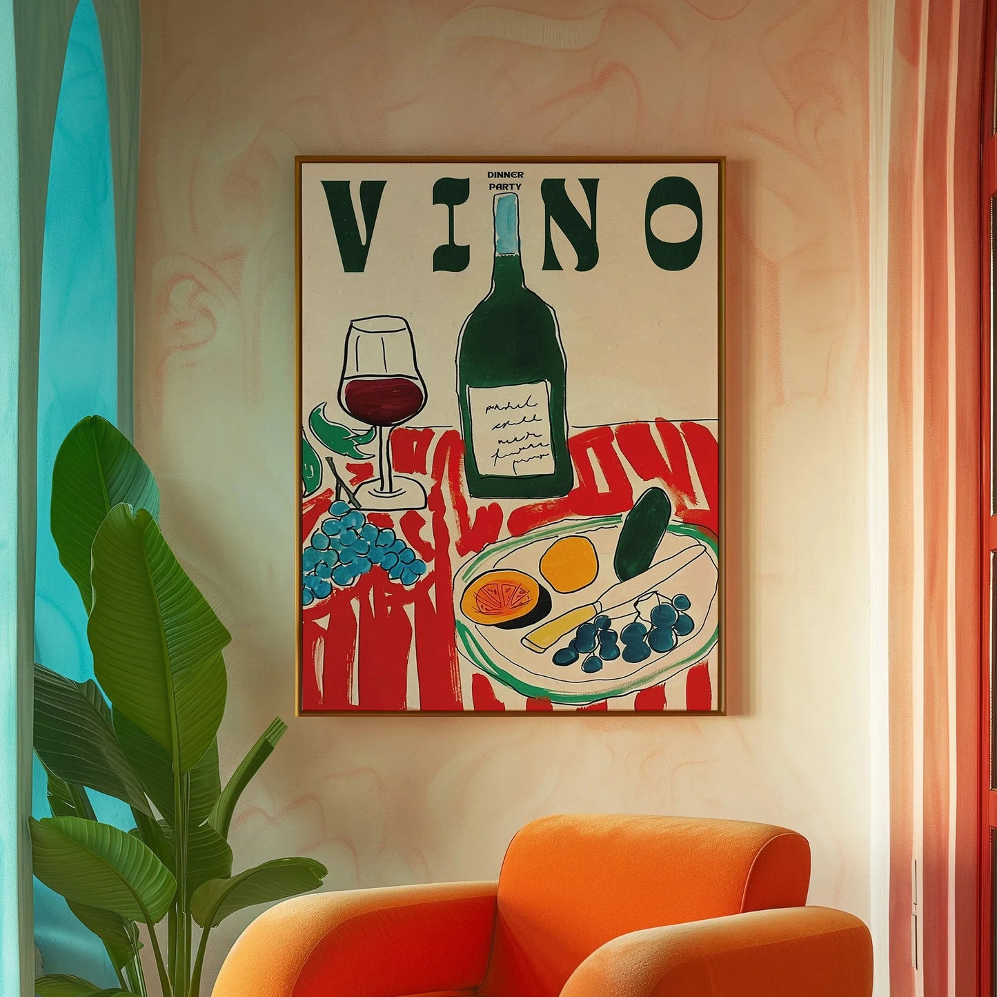 Amore Green Striped Canvas Printing Vino Wine Glass & Pepper Wall Art Poster Modern Living Room Bedroom Kitchen Home Decor Gifts