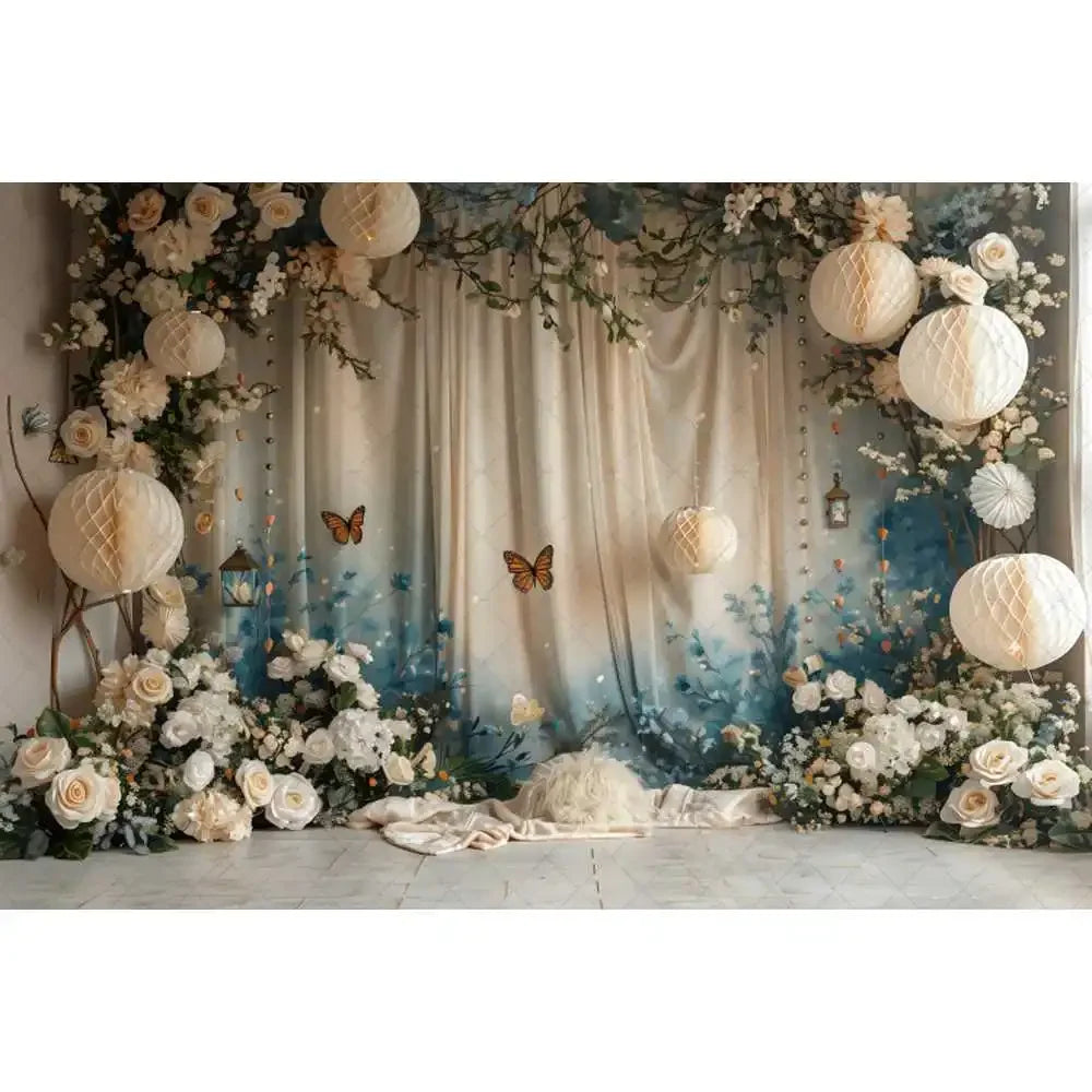 Blue gradual change butterfly wedding photography background custom dream flower portrait photo decoration banner studio supplie