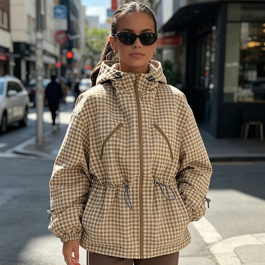 Women Plaid Hooded Drawstring Waist Cinching Jacket Women Loose Long Sleeve Zipper Jackets Fashion Female Street Outwear