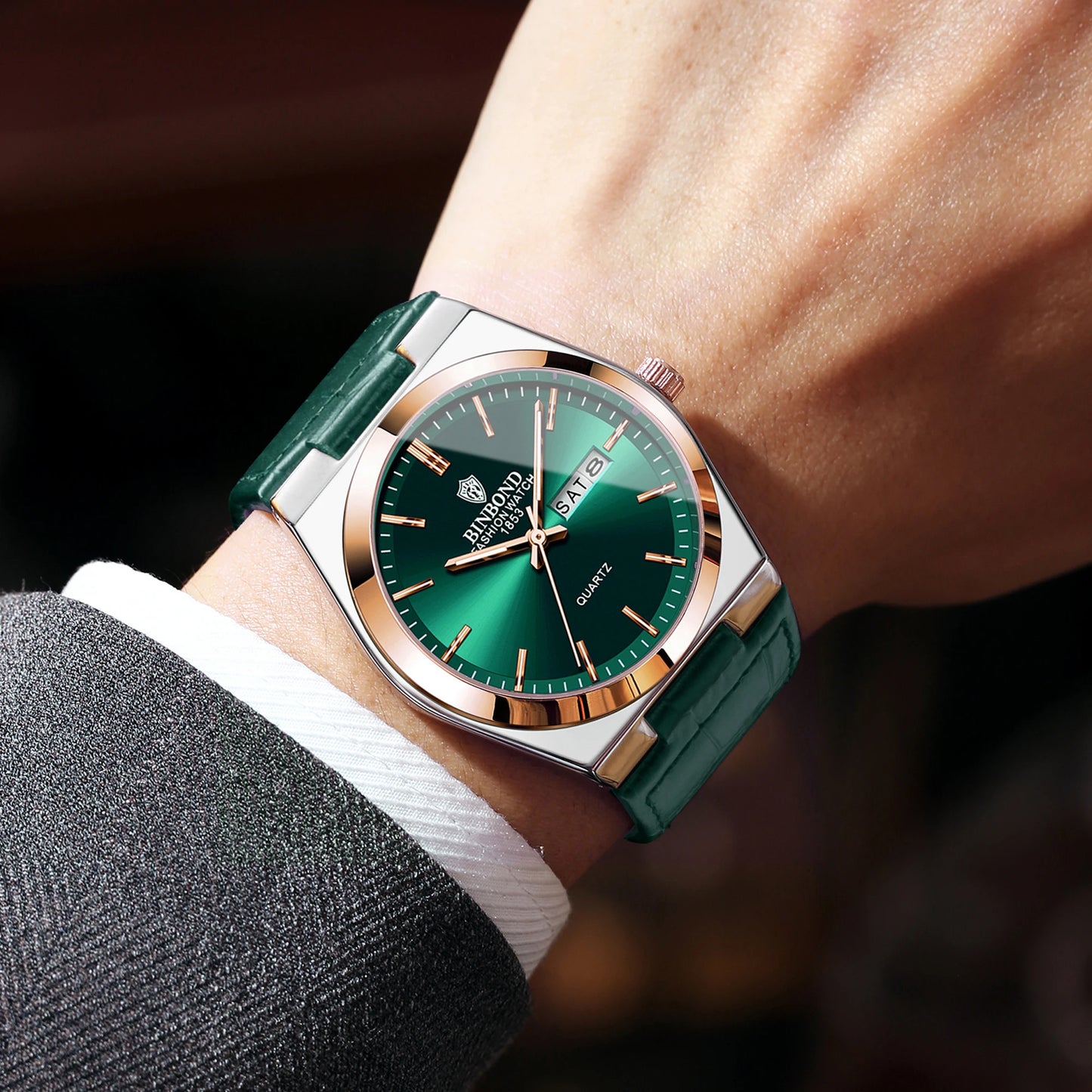 BINBOND Durable Men's Watch Reloj Leather Strap Luxury Quartz Wristwatches Precise Luminous Waterproof Auto Date Week Display