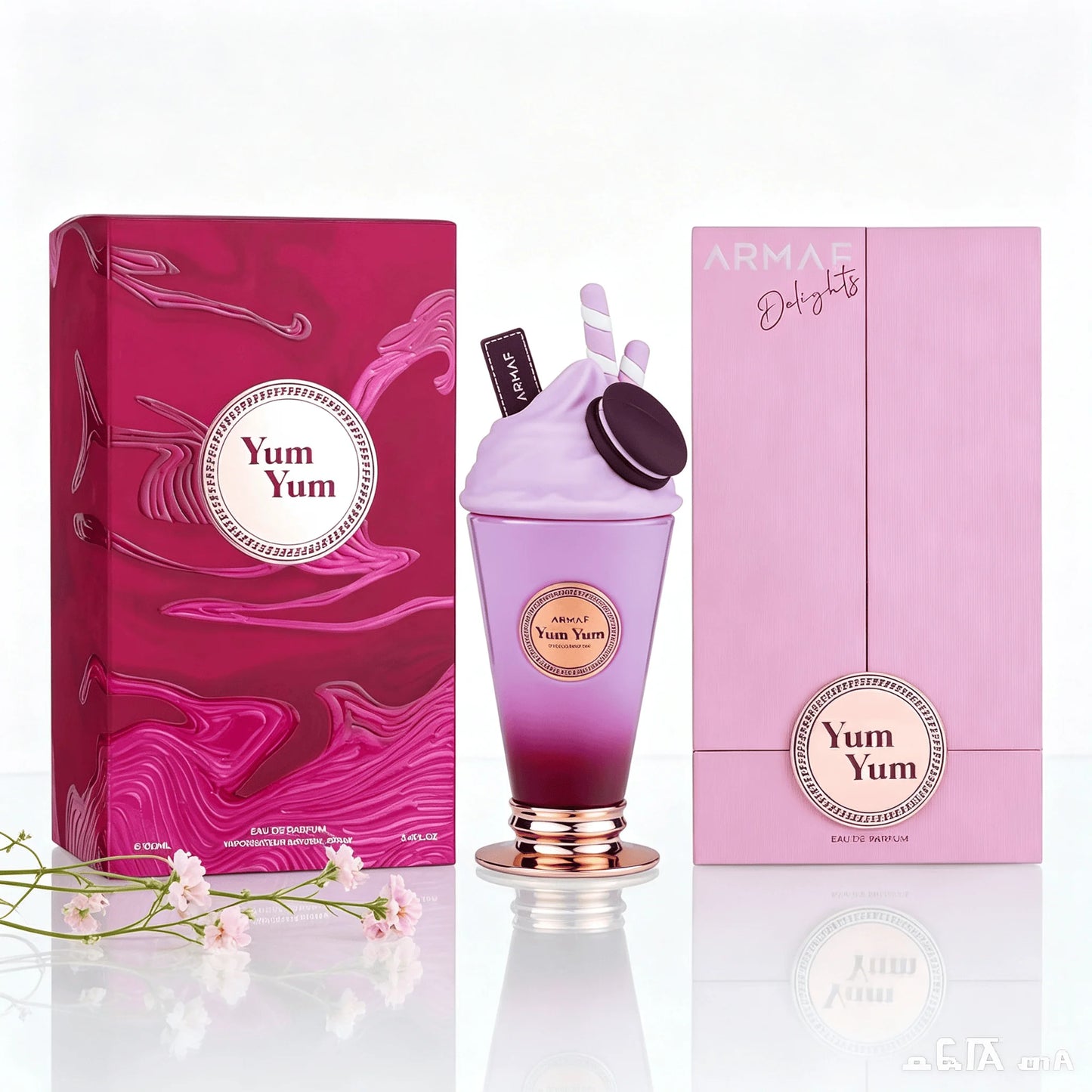 Armaf Yum Yum Eau De Parfum 100ml Unisex Perfume Cute Milkshake Cup Bottle Purple‑Red Gradient Vase Macaron & Wafer Decor Rose‑gold Base Sweet Gourmand Fruity Floral Scent Long Lasting Ladies Fragrance