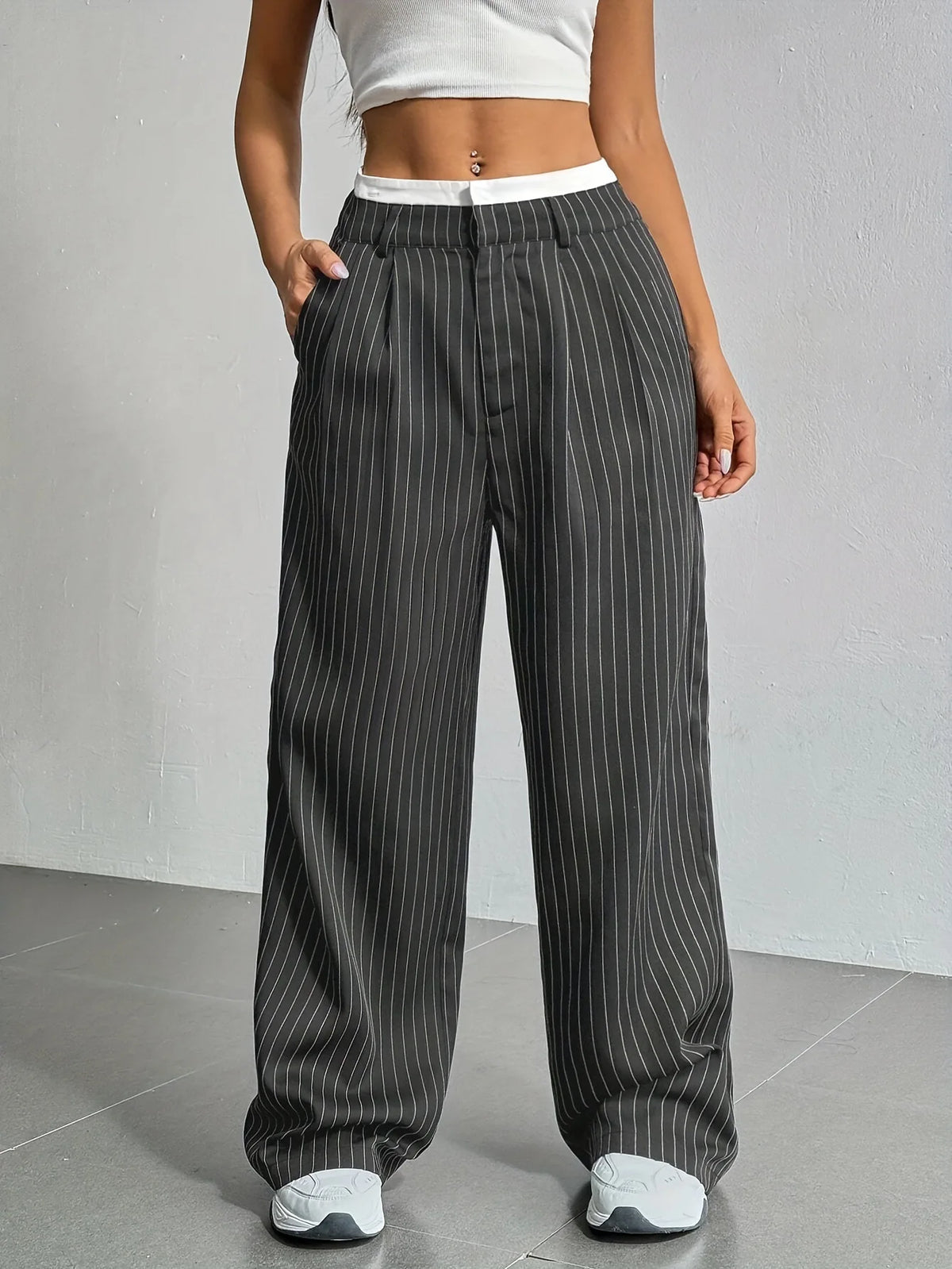 Women's Straight Leg Pinstripe Trousers High Waist Office Business Pants Casual Striped Dressy With Pockets