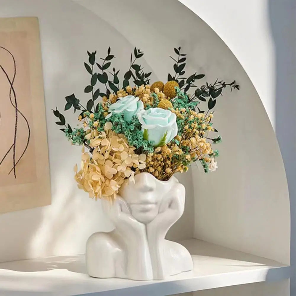 Face Shape Makeup Brush Holder Modern Nordic Flower Vases Makeup Storage Box Half Face Portrait Decor For Home Office Book Shelf