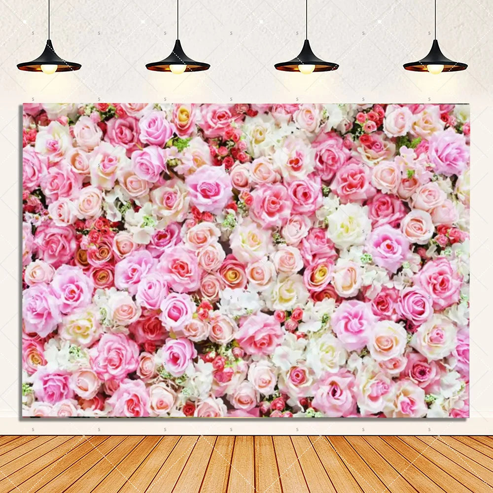 Rose Pink Floral Photography Backdrop Supplies Flower Wall Wedding Birthday Party Decorations Bridal Marriage Background Banner
