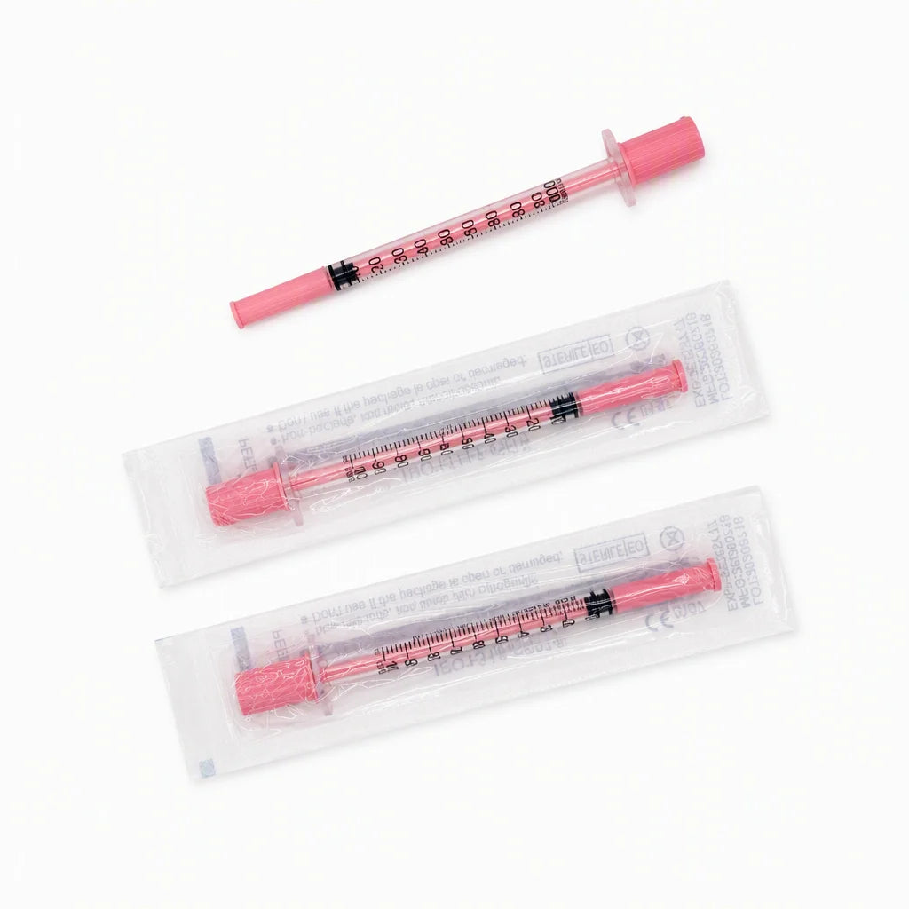 100pc 1ml 30G/31G 8mm Disposable Sterile Insulin Pink Syringe 5/16 inch Needles Individually Wrapped for Diabetic Pets & Hormone