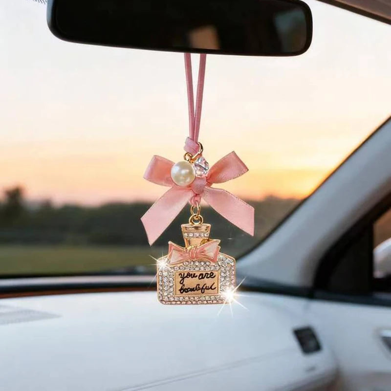 Fashionable Bow Knot Diamond Inlaid Perfume Bottle Car Interior Pendant Exquisite with Drill Car Rearview Mirror Car Accessories
