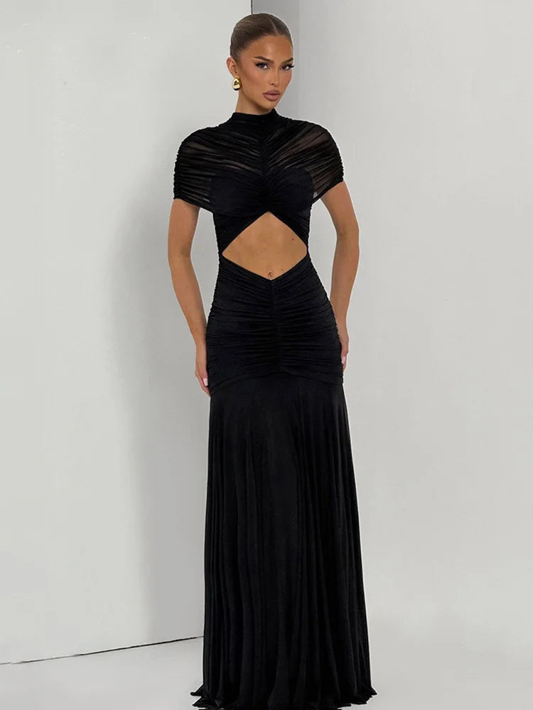 Rinabe Women Short Sleeve Maxi Dress Sexy Solid Color Mesh Ruched Bodycon Long Dress Hollow Out Pleated Turtleneck Evening Dress