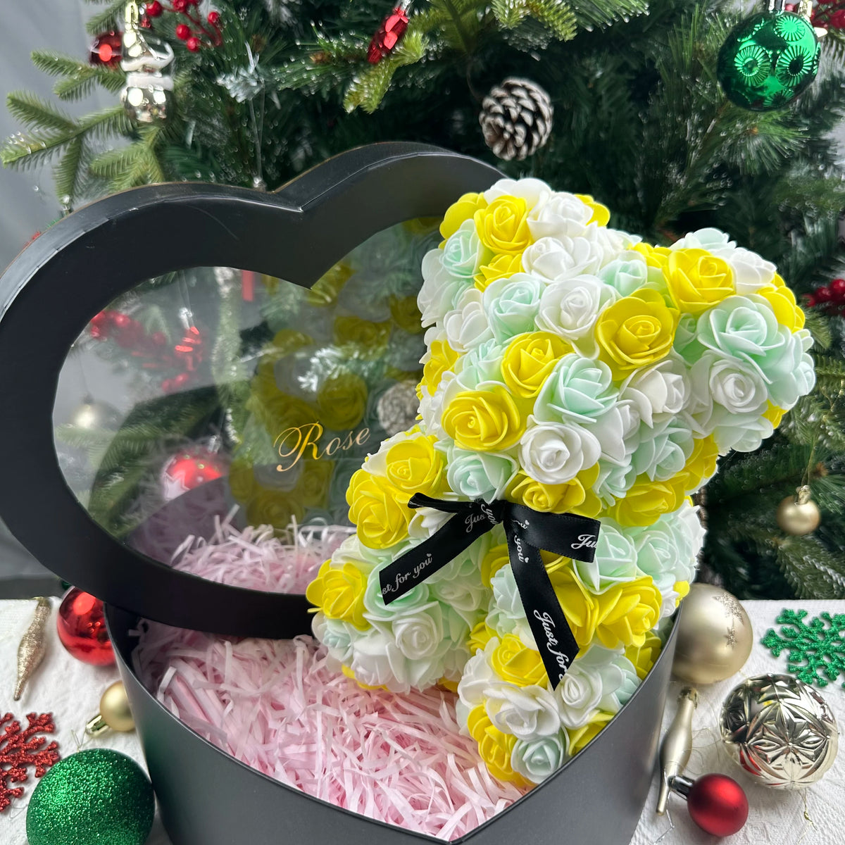 25cm Artificial Teddy Rose Flower Bear with Box Romantic Valentines Day Gift Girlfriend Women Anniversary Wedding Party Supplies