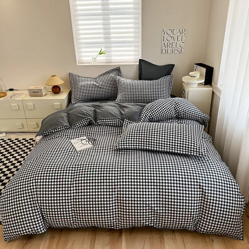 Korean Ins Pink Plaid Duvet Cover Set Queen King Bowknot Print Bedding Set Skin Friendly Soft Comforter Cover Sheets Pillowcases
