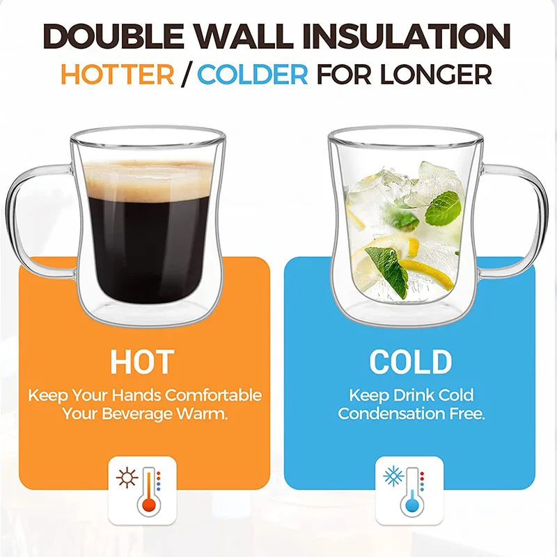 YWDL 1-4pcs Double Wall Glass Espresso Cups Clear Coffee Mug With Handle For Hot Cold Beverage Wine Milk Juice Drinkware Set