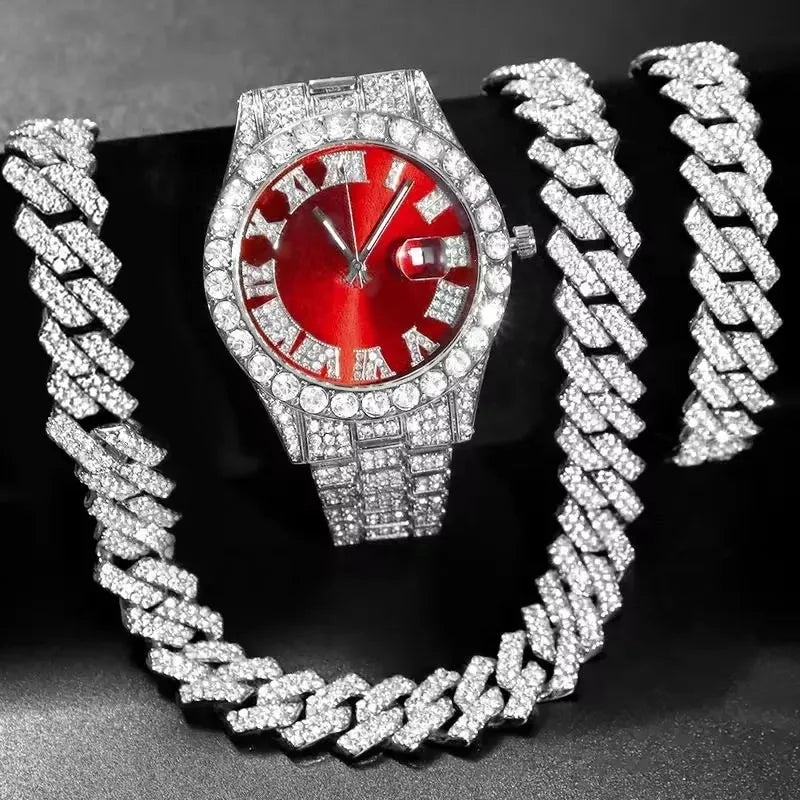 3PCS Hip Hop Iced Out Men's Watch Jewelry Set Luxury Rhinestone Quartz Wristwatch Cuban Link Chain Accessories for Women Gift