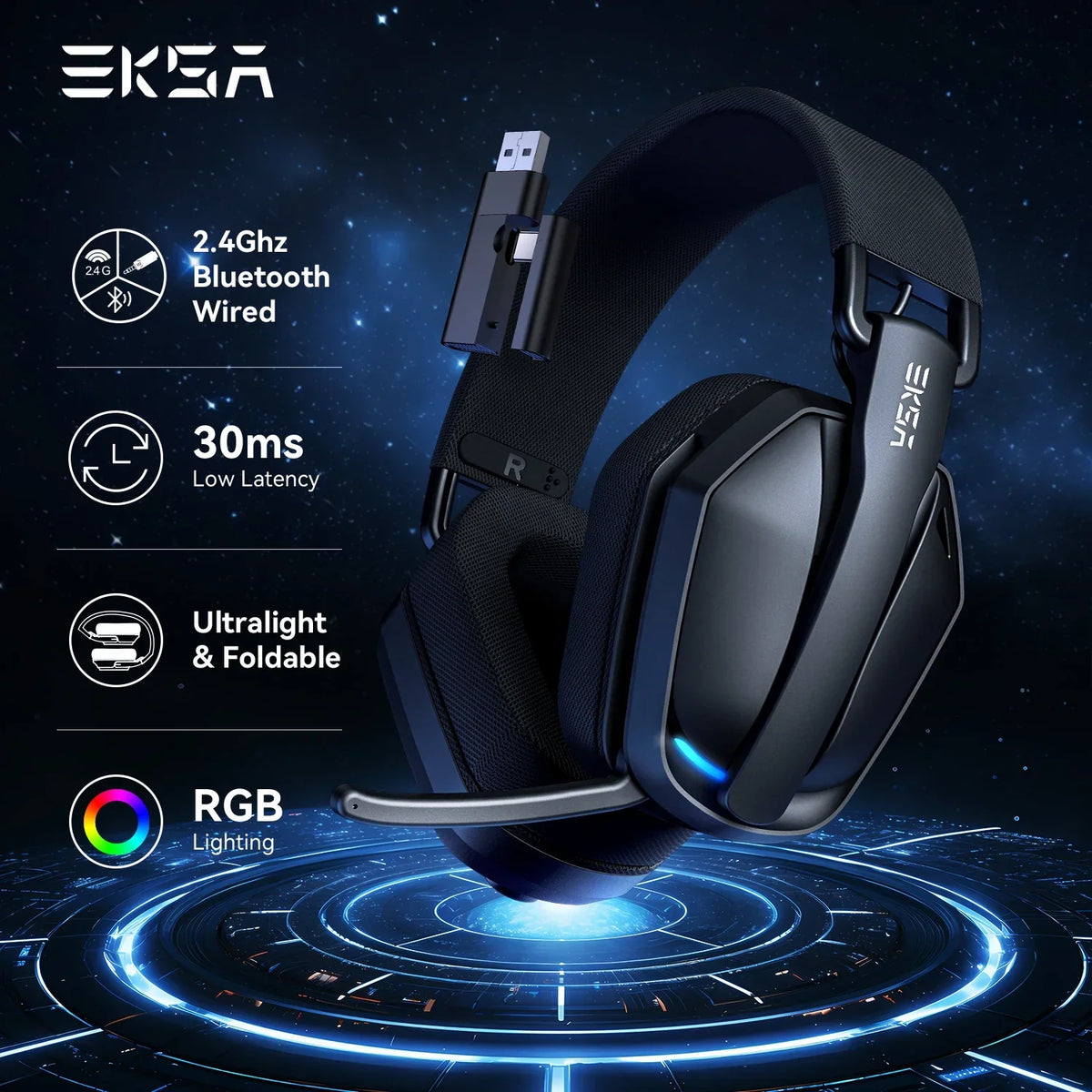 EKSA G19BT 2.4GHz Wireless Gaming Headphones Ultra-light Bluetooth 5.4 Headset Gamer with Microphone for PC/PS5/Xbox