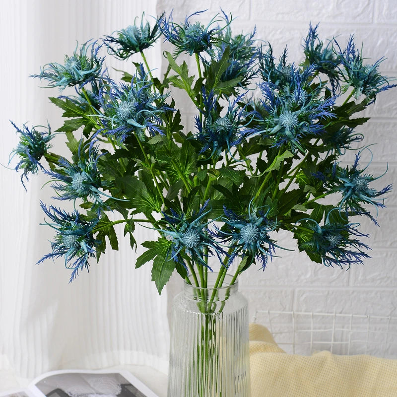 Simulation Plastic Flower Sea Holly 3 Head Thorn Celery Artificial Plants Leaf Home Wedding Christmas Floral Arrangement Bouquet
