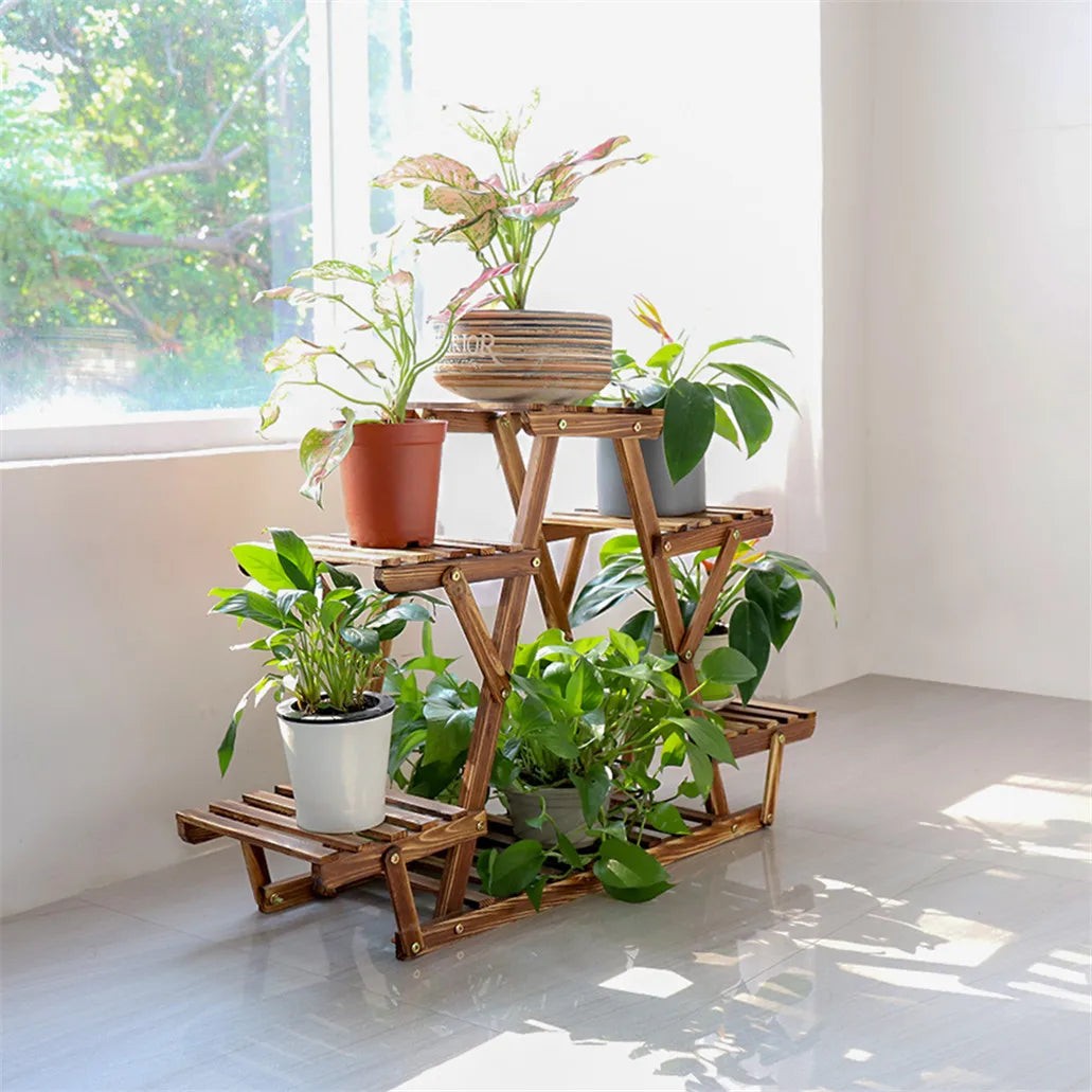 Carbonized Triangle 6 Tiered Corner Wood Plant Stand Flower Pot Display Shelf Rack Indoor Outdoor