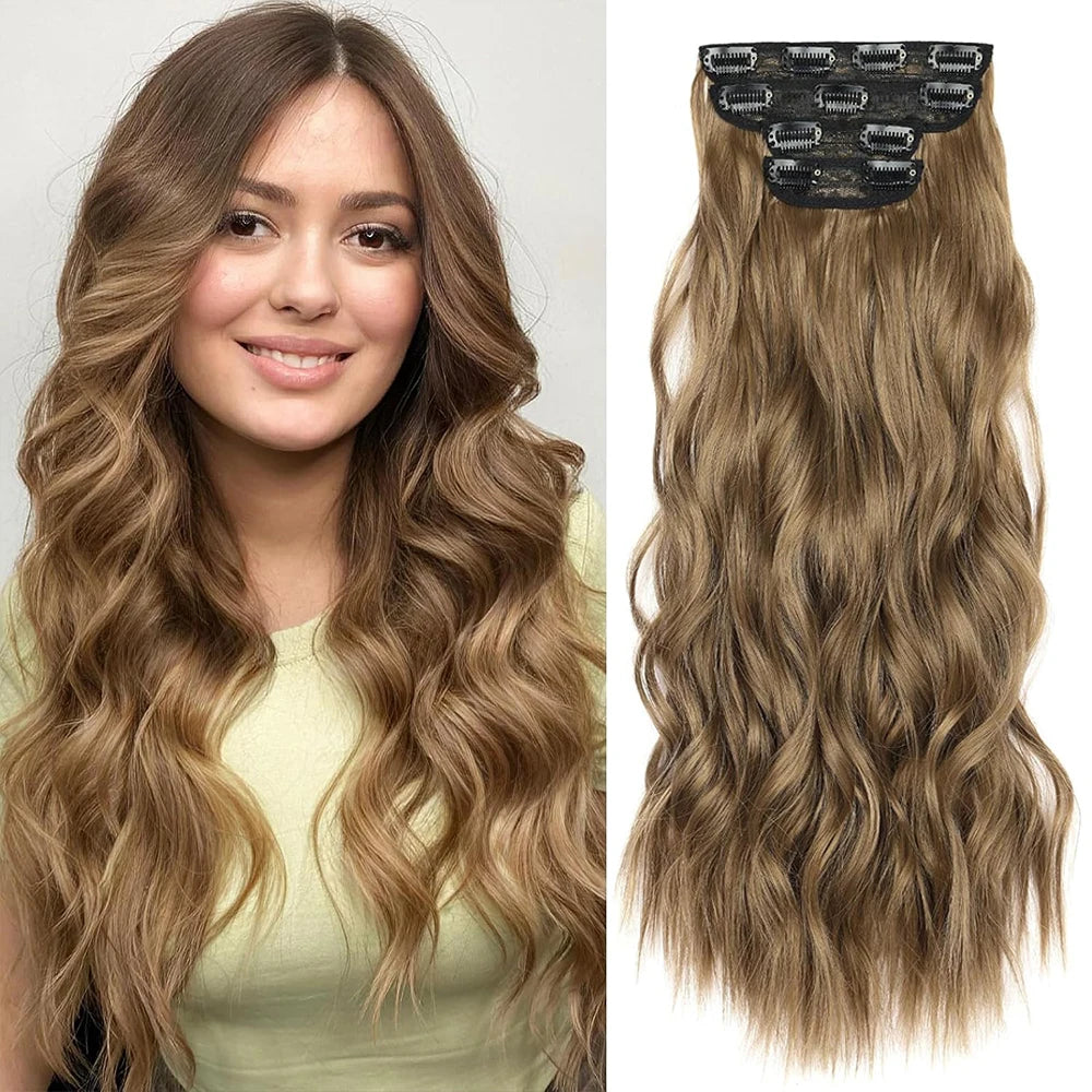 Copper Red Long Wavy Clip in Hair Extensions 20 Inch 4Pcs Double Weft Synthetic Hairpieces Full Head for Women Party Cosplay