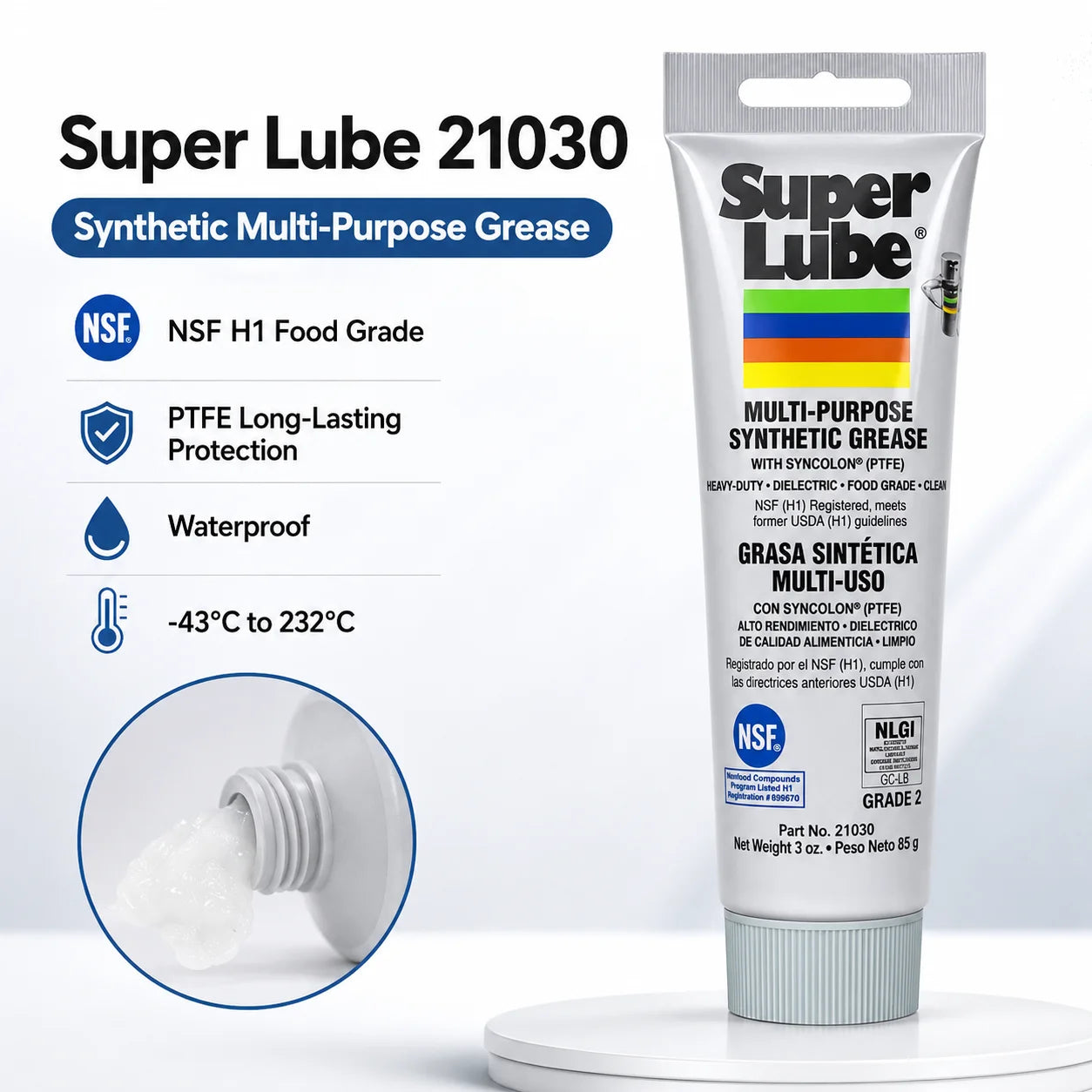 Super Lube 21030 Multi-Purpose Synthetic Grease 3oz 85g NLGI 2 Food Grade PTFE Lubricant for Bearing O-Ring
