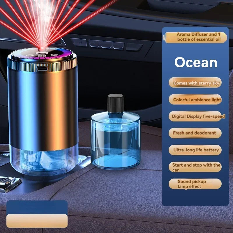 Smart Car Aroma Diffuser Rechargeable Air Freshener Auto On Off 5 Modes Starry Sky Ambient Light USB Car Purifier Humidifier