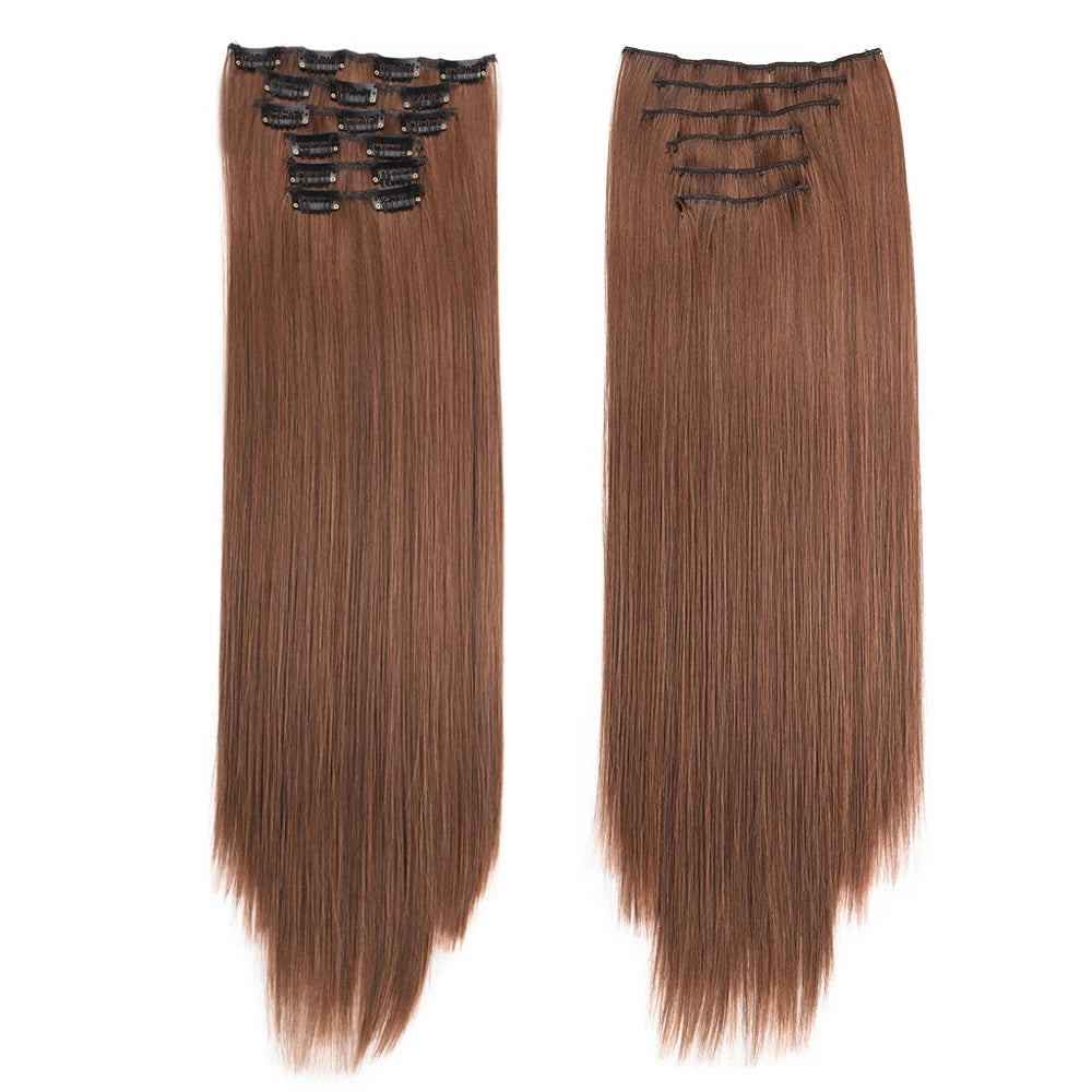 16 Clips in Hair Extensions 24Inchs Long Straight Hairstyle Synthetic Blonde Black Hairpieces Heat Resistant Fake Hair 6Pcs/Set
