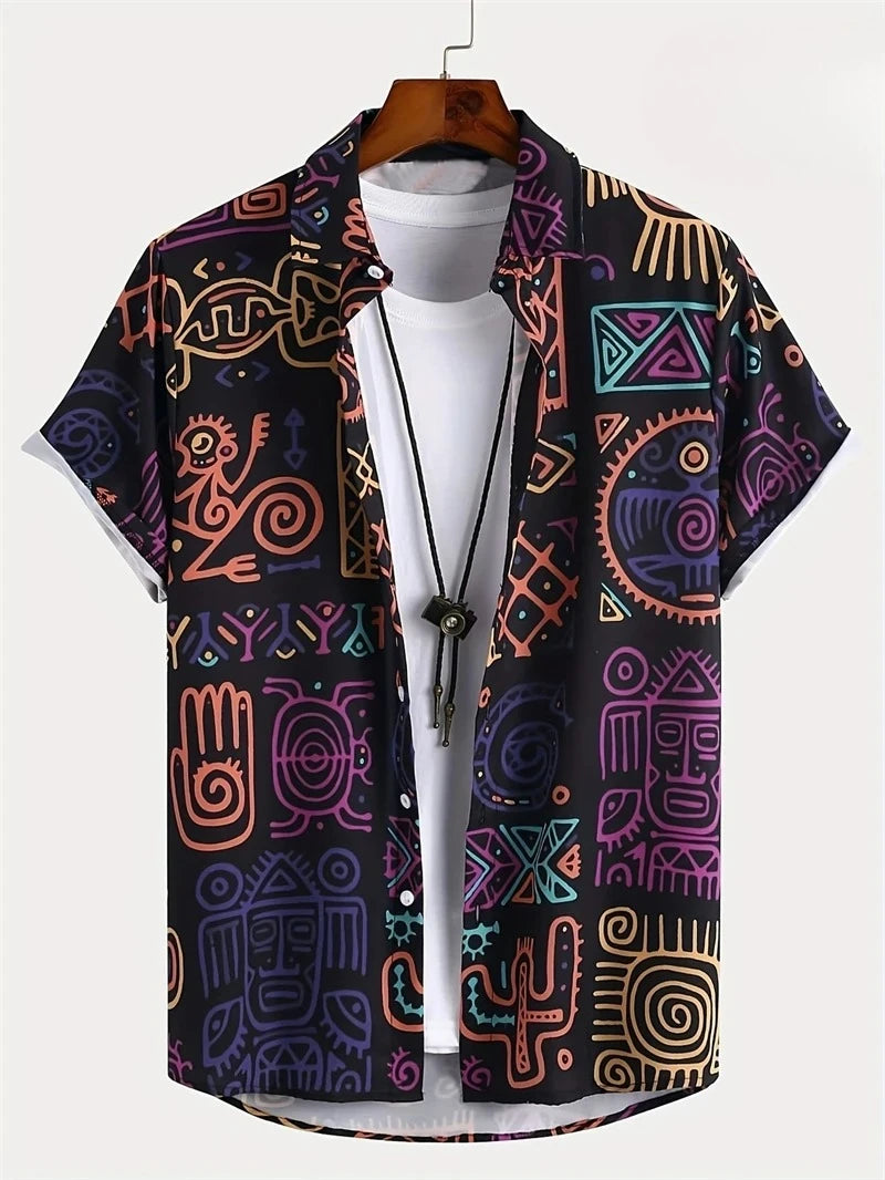 Hawaii Shirts for Men 3D Paisley Graphic Short-sleeved T-shirt Casual Lapel Buttons Male Tops Summer Oversized Bohemian Man Tees