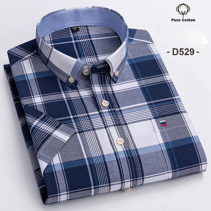Plus Size 7XL Summer Short Sleeve Shirt 100%Cotton Shirts for Men White Plaid Striped Social Slim Fit Formal Business Clothing