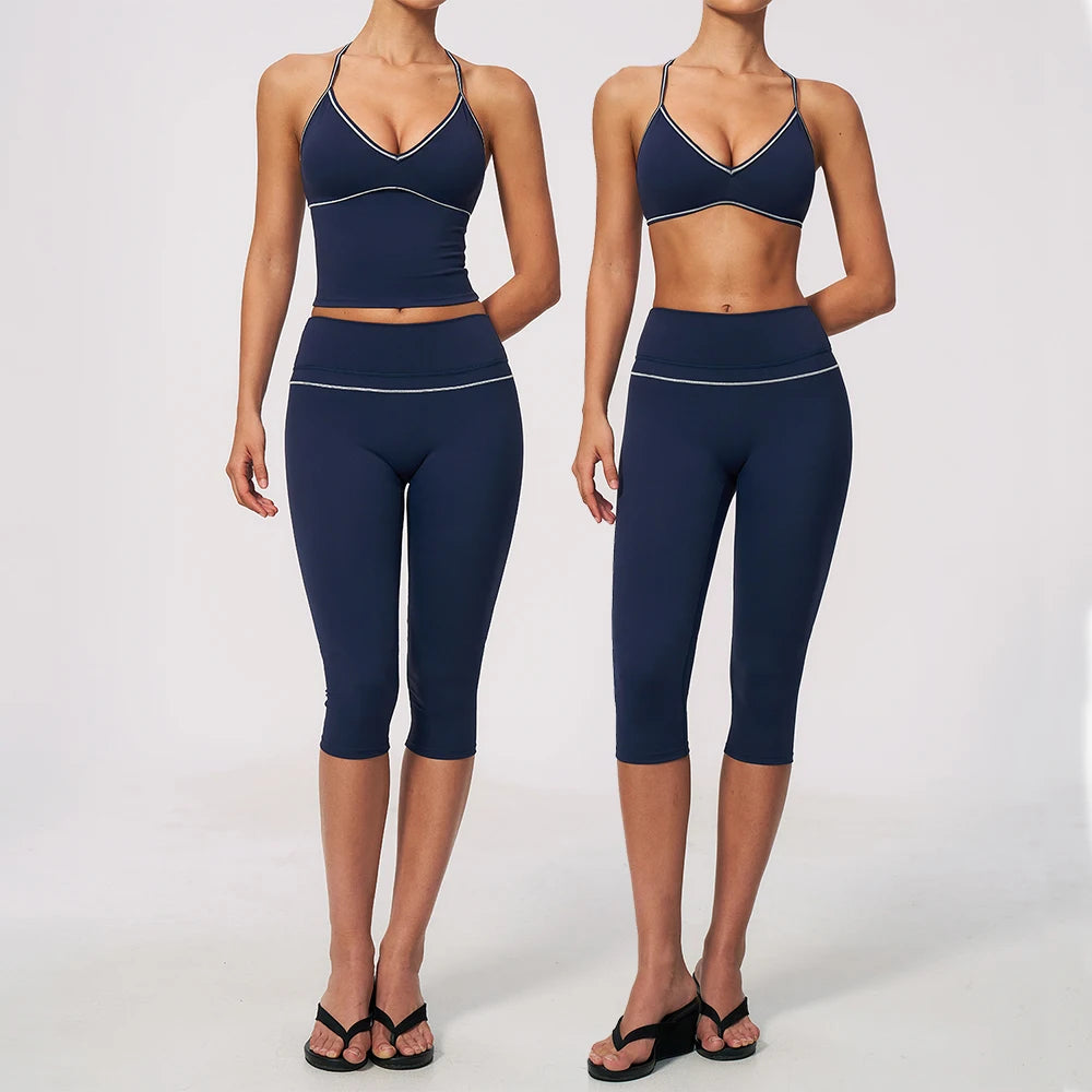 Women 2 Piece Yoga Set V Neck Crop Top and V Back Capri Leggings Butt Lifting Workout Gym Suit Contrast Piping Activewear Female