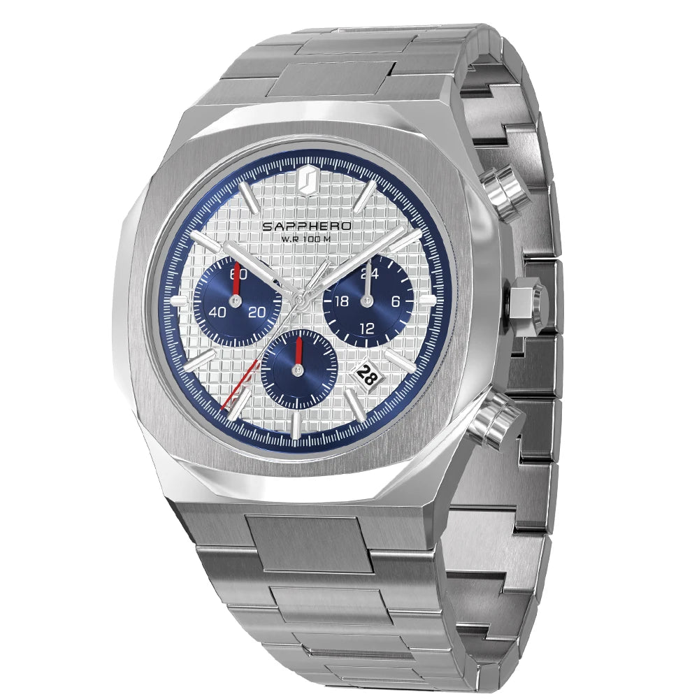 SAPPHERO Men's Luxury Quartz Watch with, Stainless Steel Case, Chronograph, Date Display, 10ATM Waterproof Wristwatch