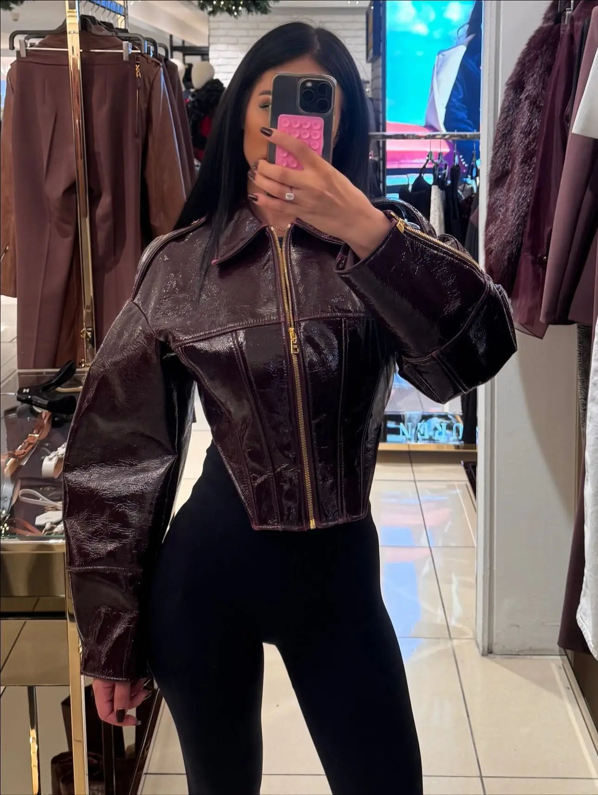 Casual Dark Red  Zipper Leather Short Jackets Women Long Sleeve Lace Up Lapel Loose Button Coat Lady Daily High Street Wear 2026