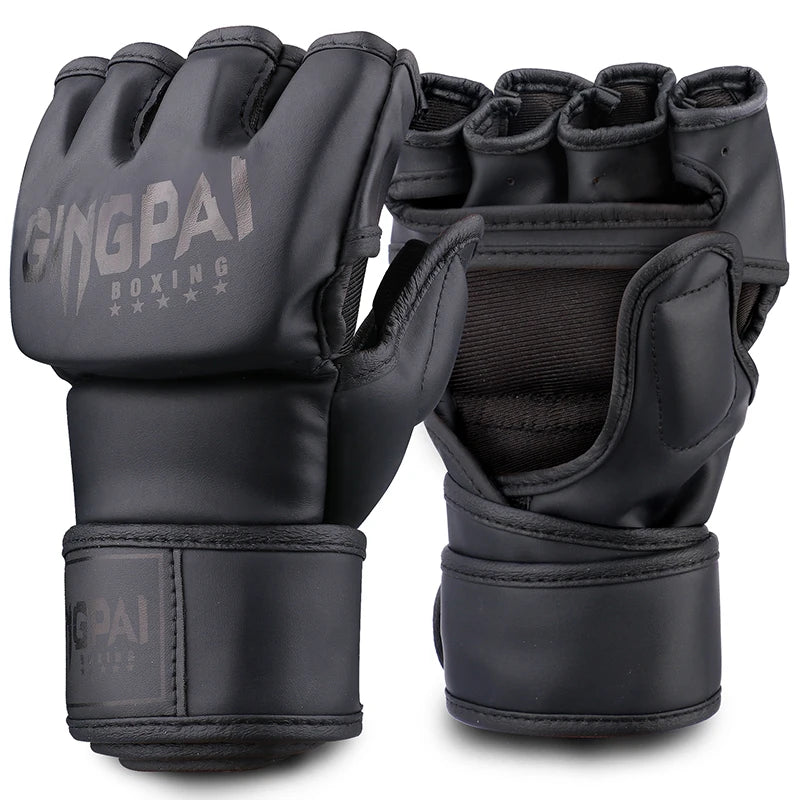 GINGPAI Half Finger Boxing Gloves PU Leather MMA Fighting Kick Boxing Gloves Karate Muay Thai Training Workout Gloves Men