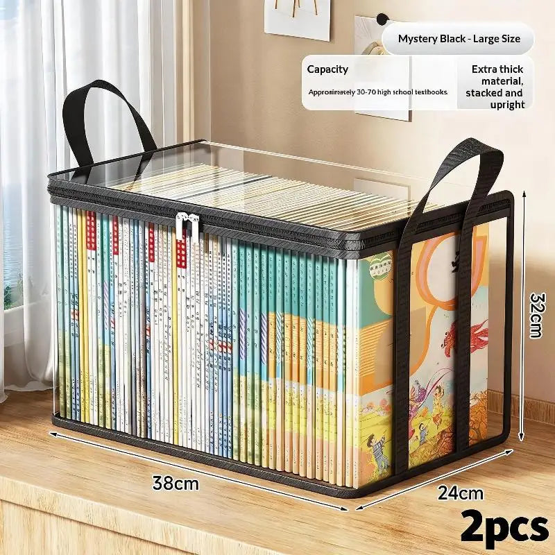 2Pcs Transparent Plastic Book Storage Box Large Capacity Foldable Space-Saving Organizer For Home Office
