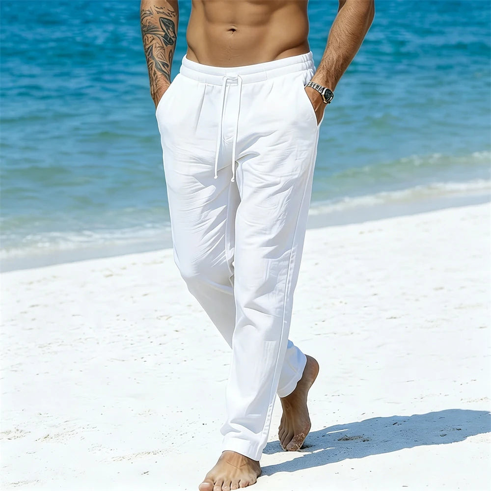 Men's Casual Pants Vacation Beach Style Cotton Linen Lightweight Solid Color Breathable Straight Leg Fashion Cozy Long Pants