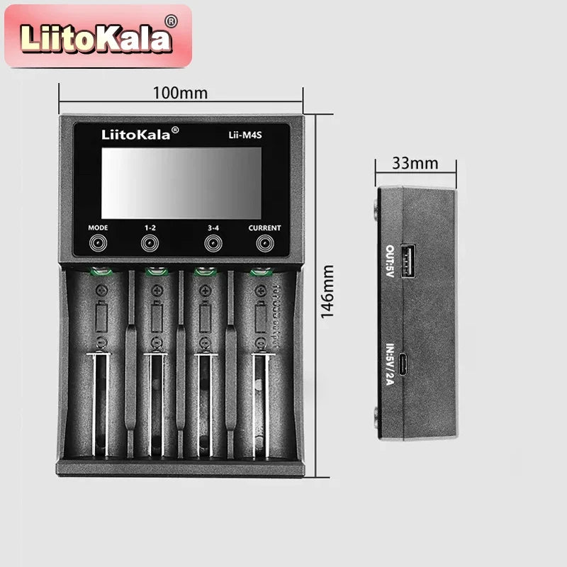 LiitoKala Lii-M4S Touch Charger (4 Slots)-300-1000mA LCD Capacity Tester W/ Storage Mode & USB Power Bank for 21700/26650/18650