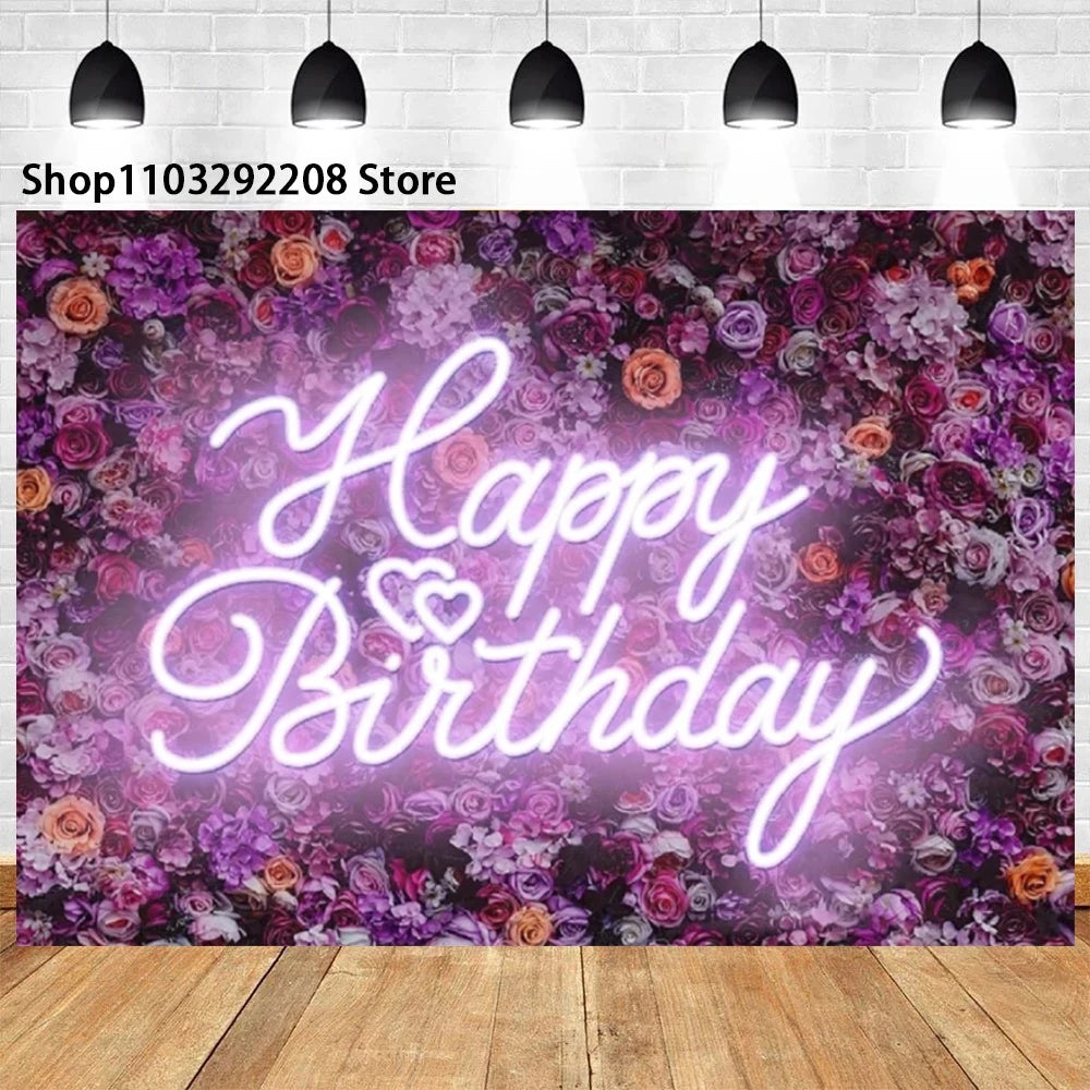 Neon Floral Pink Heart Theme Grass Happy Birthday Cake Neon Glow in The Dark Party Photography  Girl Background Wall Supplies