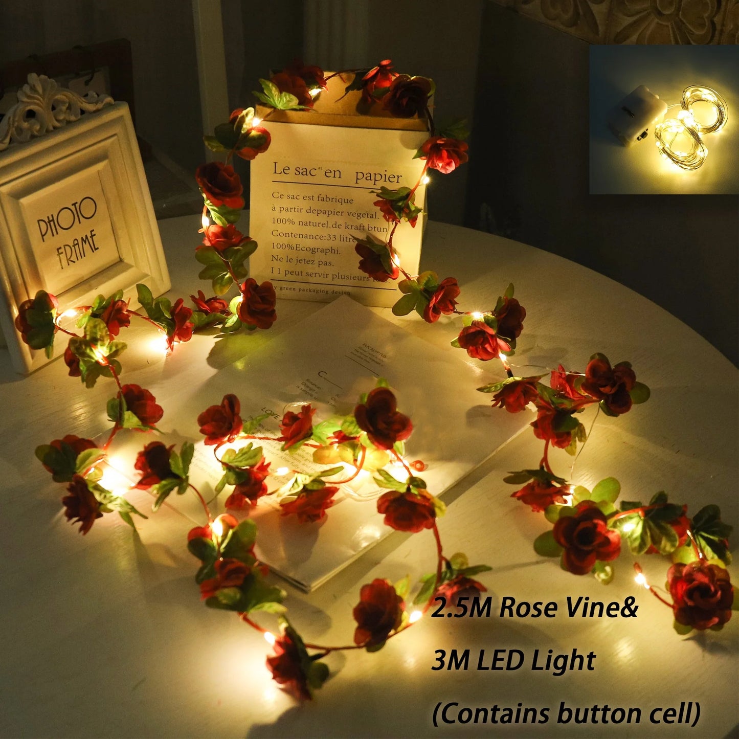 Rose LED Lights String Artificial Flowers Ivy Leaves Wedding Garland Home Room Decoration Arch Hanging Wall Garden Party Decor