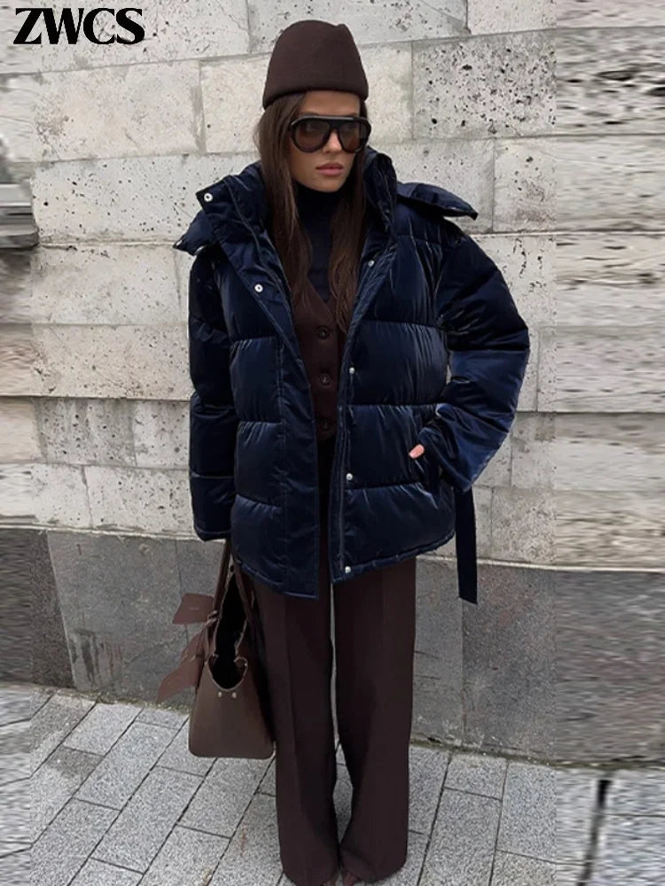 Warm Glossy Hooded Lace-up Cotton Coats Women's Casual Zipper Bottons Belted Overcoat 2026 Winter New Female Solid Streetwear