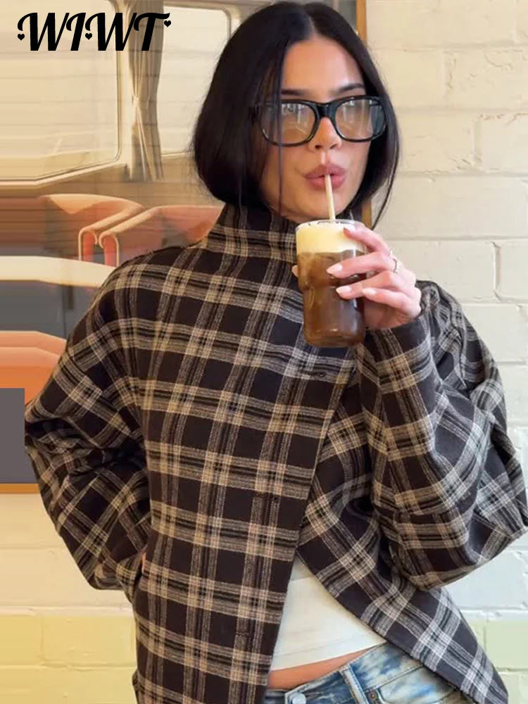 2026 Autumn Plaid Stand Collar Woolen Coats Ladies Casual Single-breasted Pockets Full Sleeve Jackets Women's Street Outwear