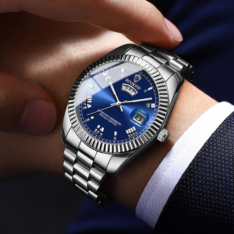 BINBOND Luxury Precise Quartz Wristwatches For Men Fashion Casual Reloj Luminous Waterproof Week Auto Date Men's Watch Durable