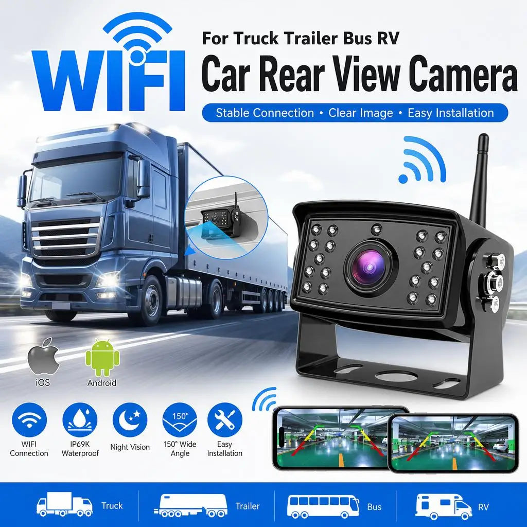2.5G WiFi HD 720P 50M Wireless Car Rear View Camera For Truck Trailer Bus RV IOS Android 150° Night Vision DVR Recorder
