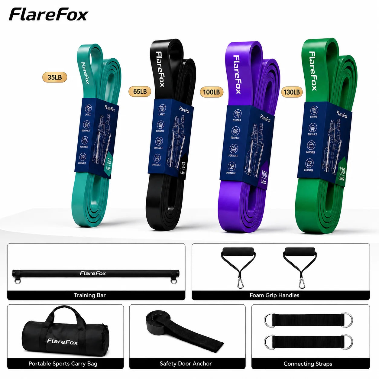 FlareFox Adjustable Multi Resistance Bands Push-pull Rod Pull-Up Assist Strap Strength Training Home Gym Equipment Workout Kit