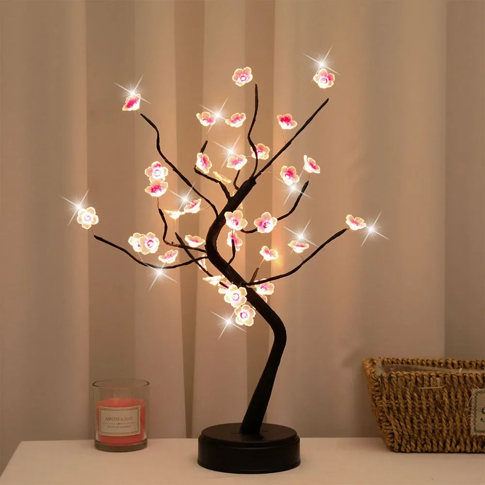 Cherry Flower Table Night Light USB Battery Touch Switch Artificial Bonsai Cherry Blossom Desktop Tree LED Lamp Light Decoration