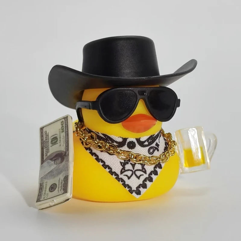 Cute Fortunate Rich Duck Car Dashboard Decoration Yellow Black Duck with Cowboy Hat Scarf Bottle for Women Men Car Ornament
