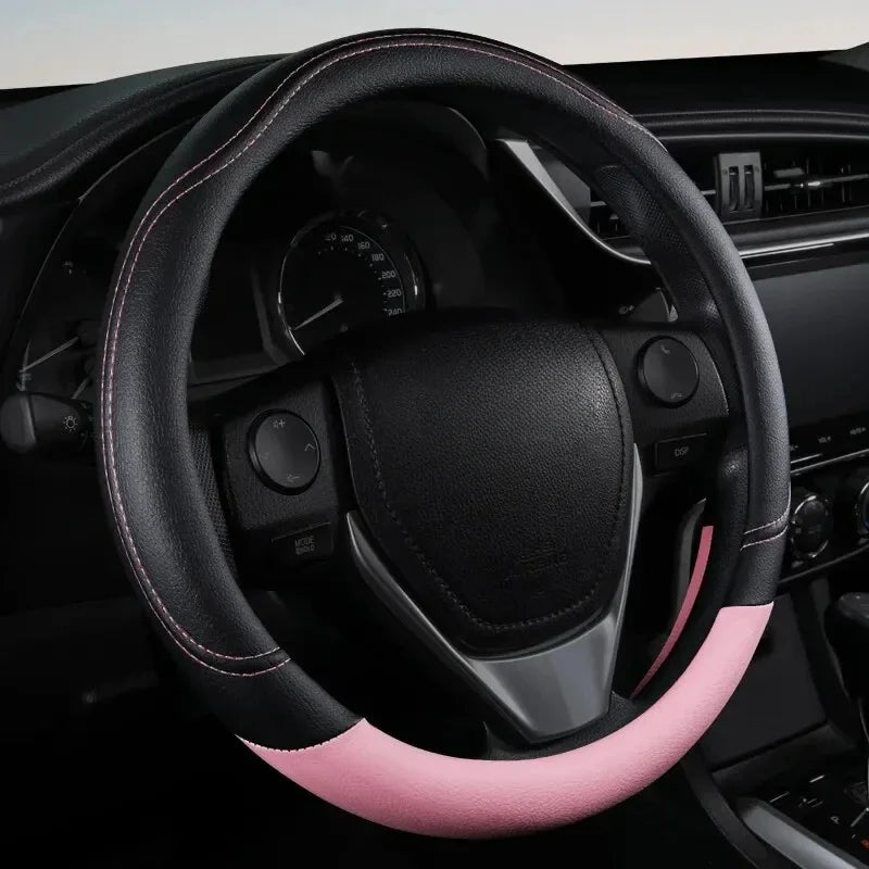 1PC New PU Leather Splicing Leather Anti-slip Wear Four Seasons Universal Steering Wheel Cover Black Pink